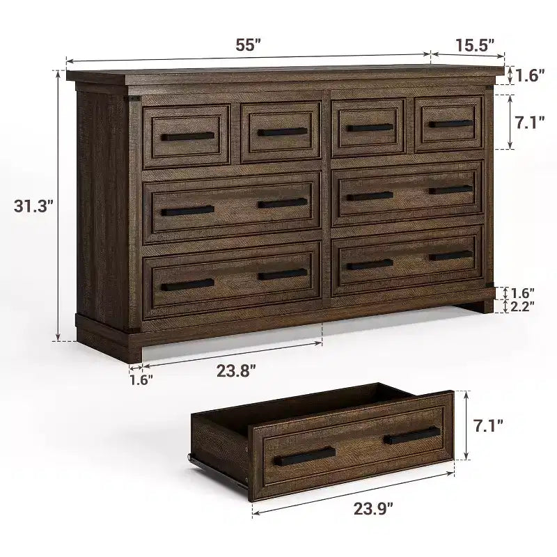 Commode de ferme de 55 à 8 tiroirs pour chambre, meuble rétro, meuble de rangement à plusieurs tiroirs, armoire en bois de style rétro