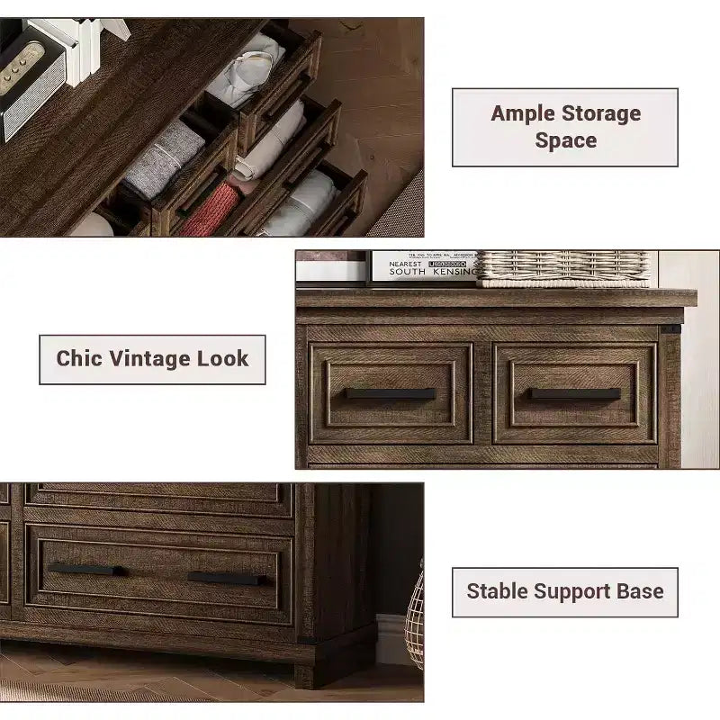55 Farmhouse-Kommode mit 8 Schubladen fürs Schlafzimmer, Retro-Schrank, Aufbewahrungsmöbel mit mehreren Schubladen, Holzschrank im Retro-Stil