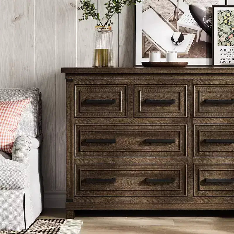 55 Farmhouse-Kommode mit 8 Schubladen fürs Schlafzimmer, Retro-Schrank, Aufbewahrungsmöbel mit mehreren Schubladen, Holzschrank im Retro-Stil