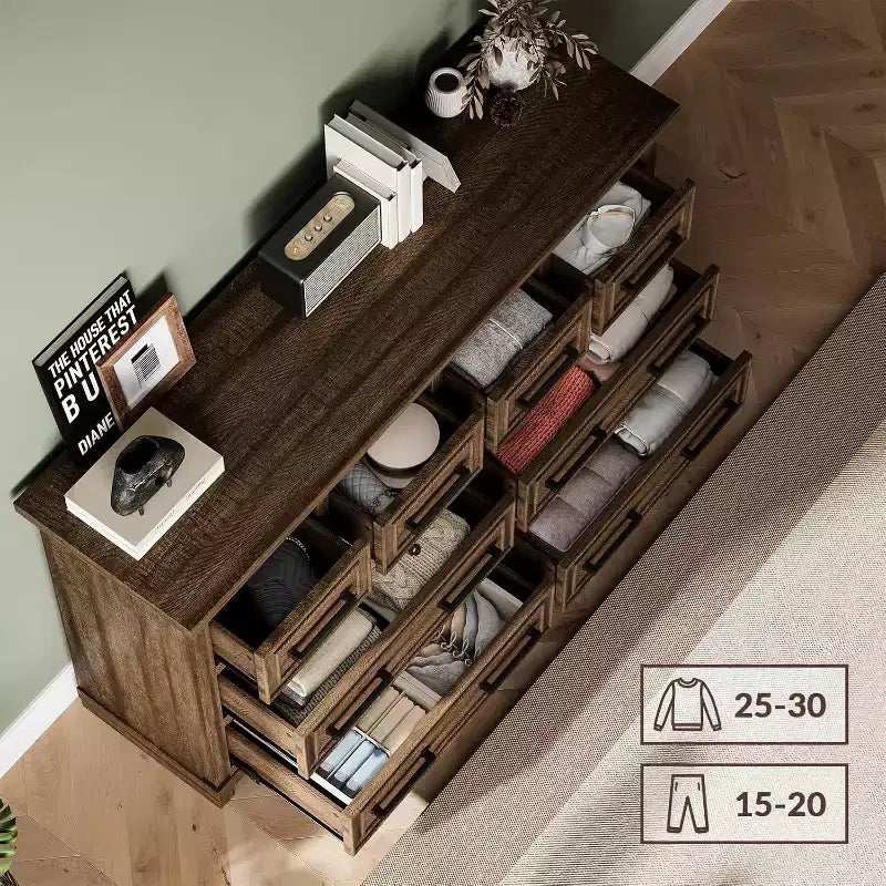 55 Farmhouse-Kommode mit 8 Schubladen fürs Schlafzimmer, Retro-Schrank, Aufbewahrungsmöbel mit mehreren Schubladen, Holzschrank im Retro-Stil