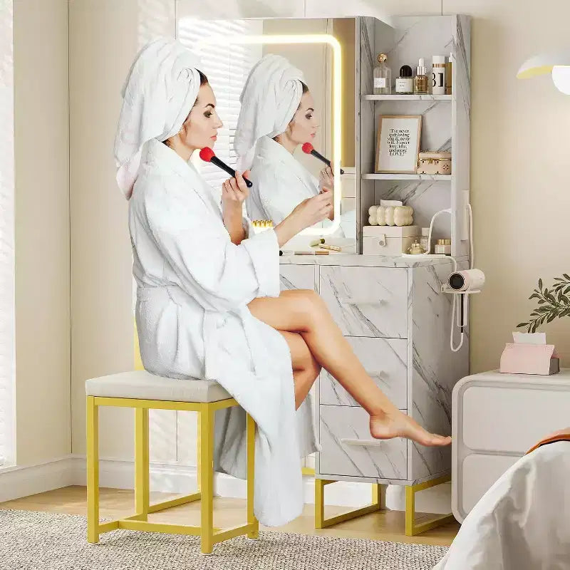 Coiffeuse avec miroir coulissant éclairé par LED, prise électrique, ensemble de coiffeuse