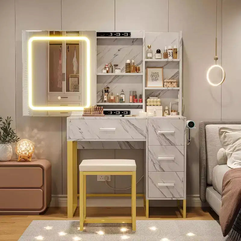 Coiffeuse avec miroir coulissant éclairé par LED, prise électrique, ensemble de coiffeuse