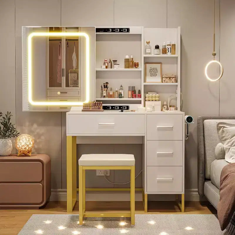Coiffeuse avec miroir coulissant éclairé par LED, prise électrique, ensemble de coiffeuse
