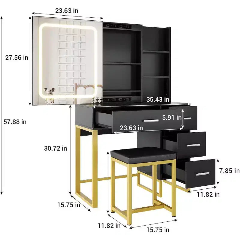 Coiffeuse avec miroir coulissant éclairé par LED, prise électrique, ensemble de coiffeuse