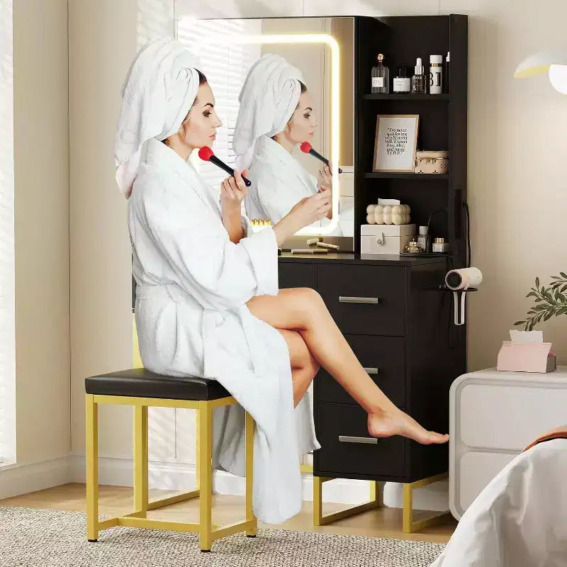 Coiffeuse avec miroir coulissant éclairé par LED, prise électrique, ensemble de coiffeuse