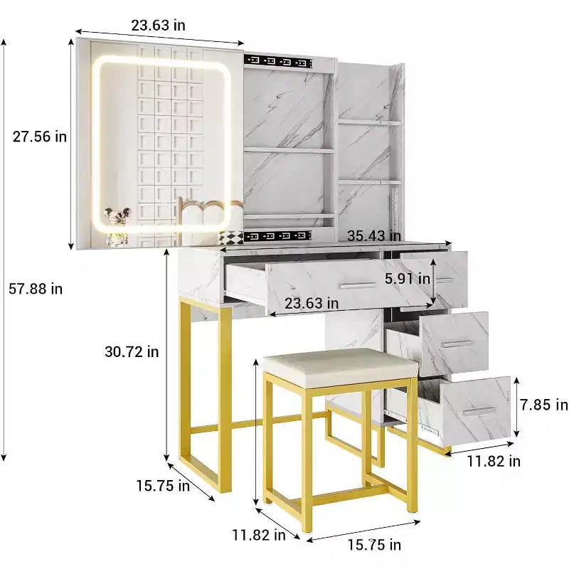 Coiffeuse avec miroir coulissant éclairé par LED, prise électrique, ensemble de coiffeuse
