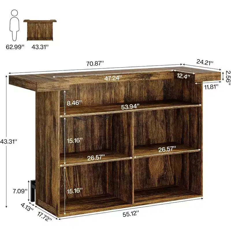 Moderner Bartisch mit 4 Ebenen, 70.9 Zoll, Hausbarschränkchen mit Glashalter und schwarzer Fußstütze