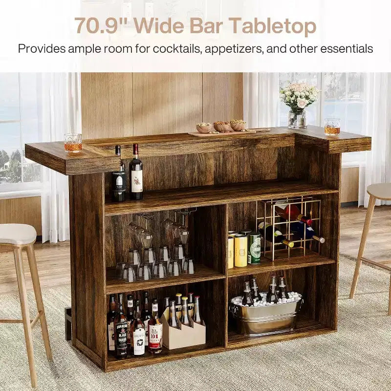 Moderner Bartisch mit 4 Ebenen, 70.9 Zoll, Hausbarschränkchen mit Glashalter und schwarzer Fußstütze