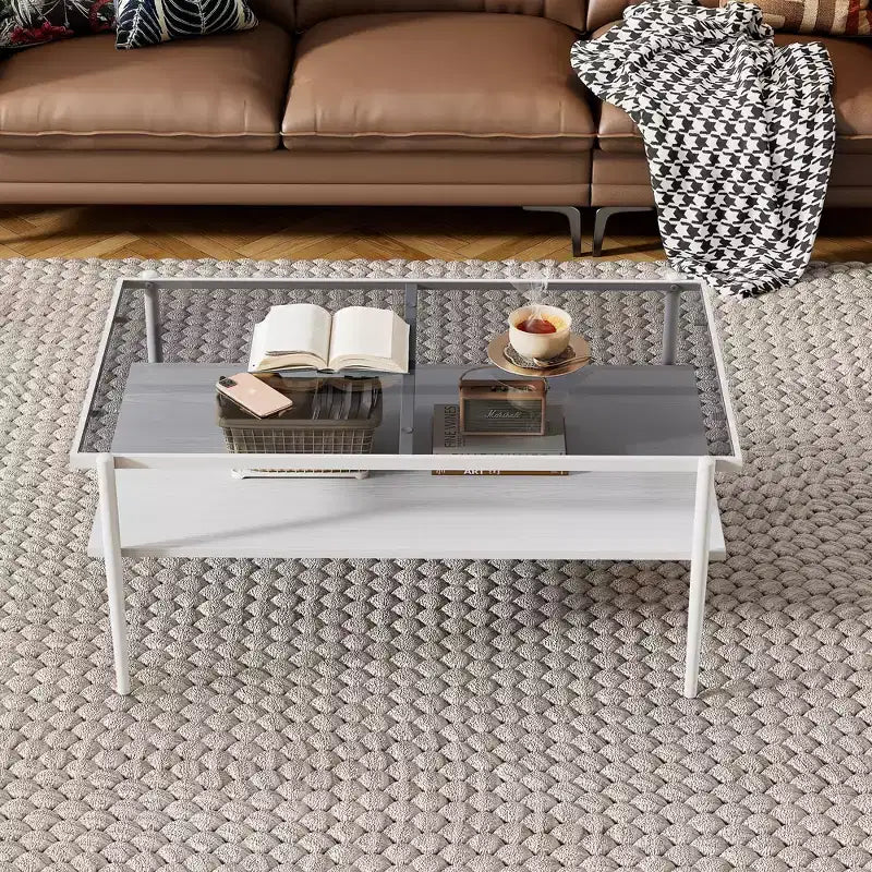 Rechteckiger Couchtisch mit grauer Tischplatte aus gehärtetem Glas und weißen Beinen, moderner Tisch für das Wohnzimmer