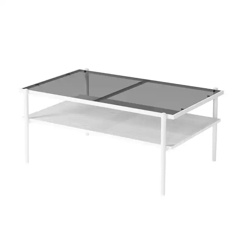 Rechteckiger Couchtisch mit grauer Tischplatte aus gehärtetem Glas und weißen Beinen, moderner Tisch für das Wohnzimmer