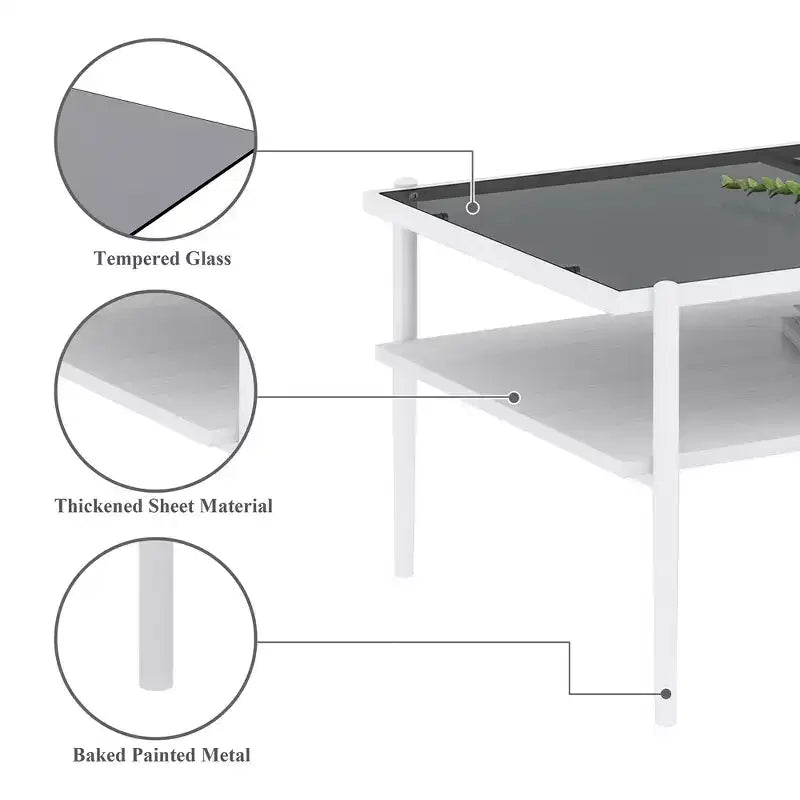 Rechteckiger Couchtisch mit grauer Tischplatte aus gehärtetem Glas und weißen Beinen, moderner Tisch für das Wohnzimmer