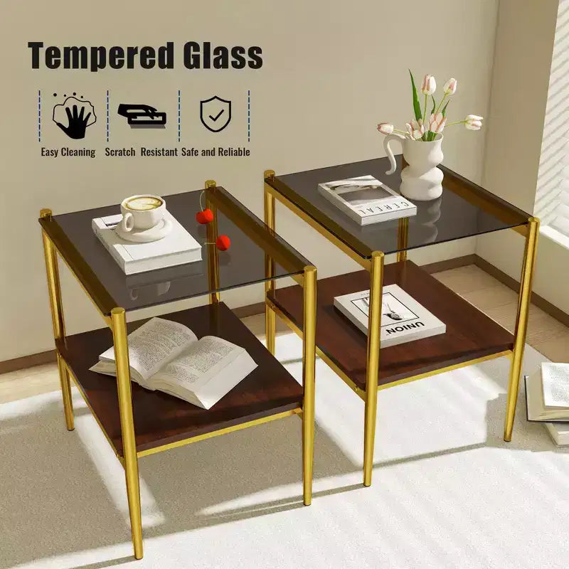 Ensemble de 2 tables d'appoint rectangulaires, plateau en verre trempé avec couche de MDF, verre marron