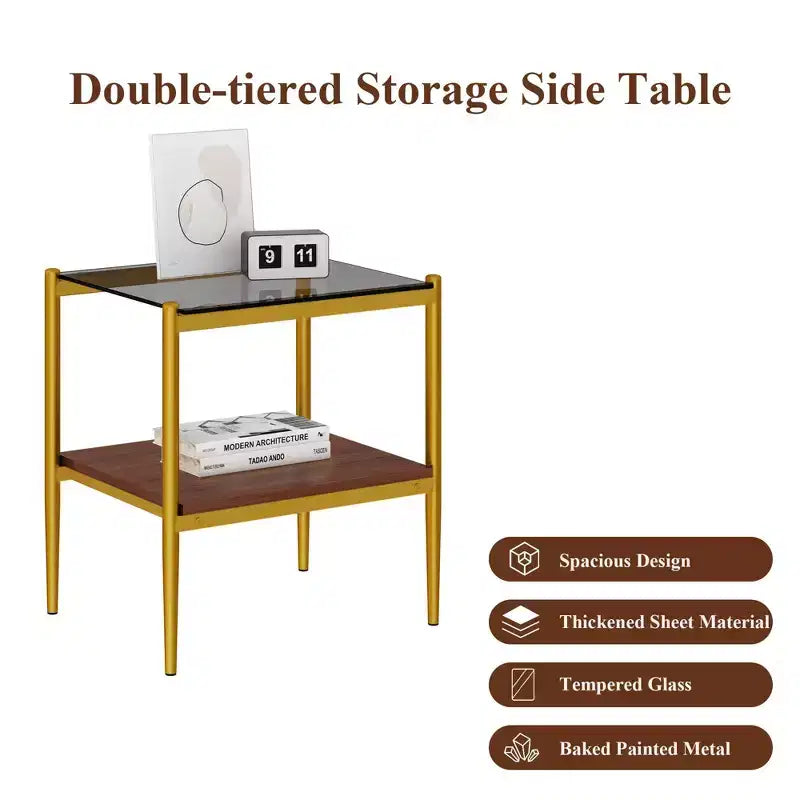 Ensemble de 2 tables d'appoint rectangulaires, plateau en verre trempé avec couche de MDF, verre marron