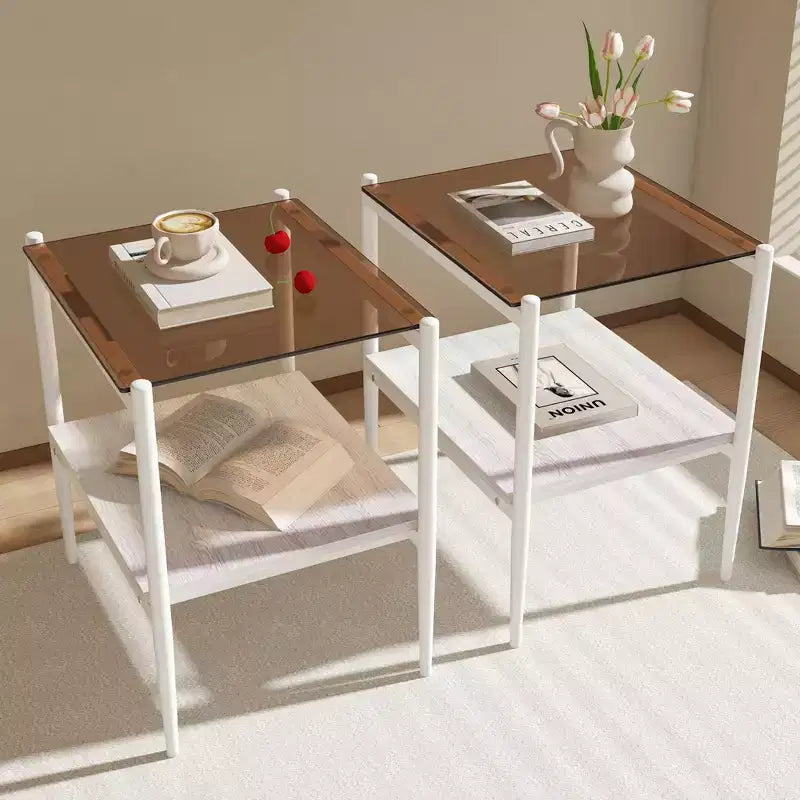 Ensemble de 2 tables d'appoint rectangulaires, plateau en verre trempé avec couche de MDF, verre marron