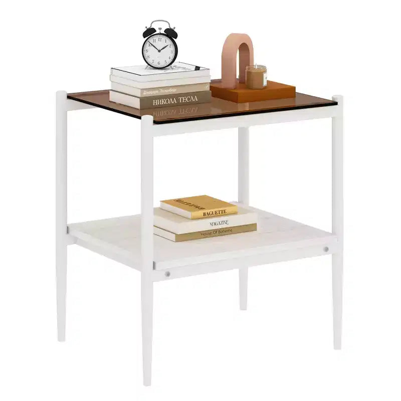 Ensemble de 2 tables d'appoint rectangulaires, plateau en verre trempé avec couche de MDF, verre marron
