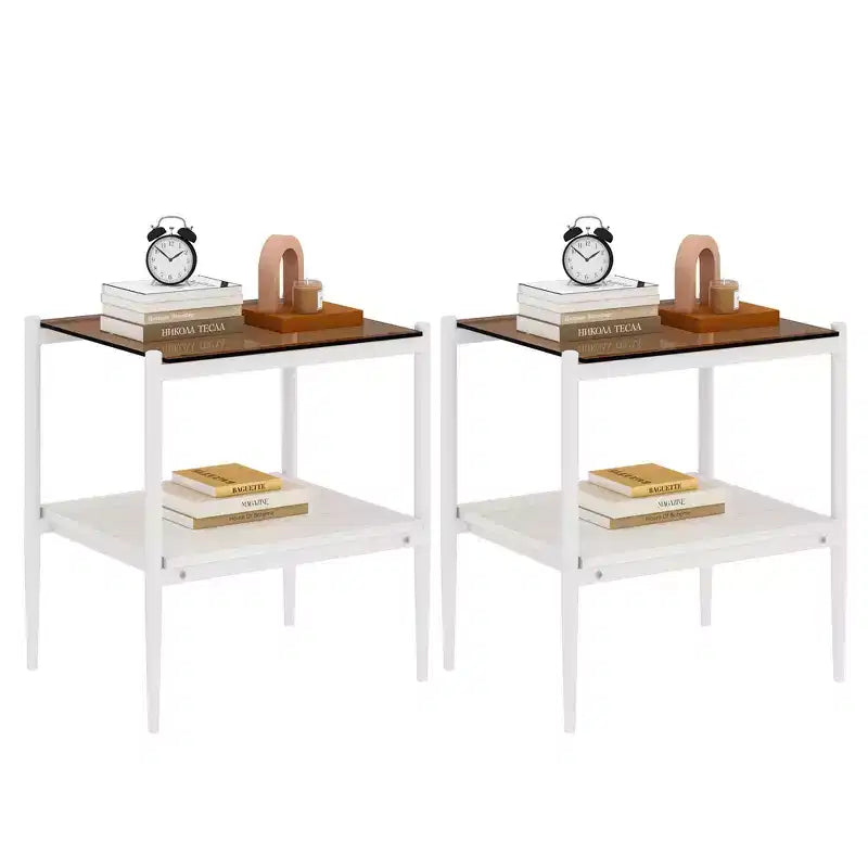Ensemble de 2 tables d'appoint rectangulaires, plateau en verre trempé avec couche de MDF, verre marron