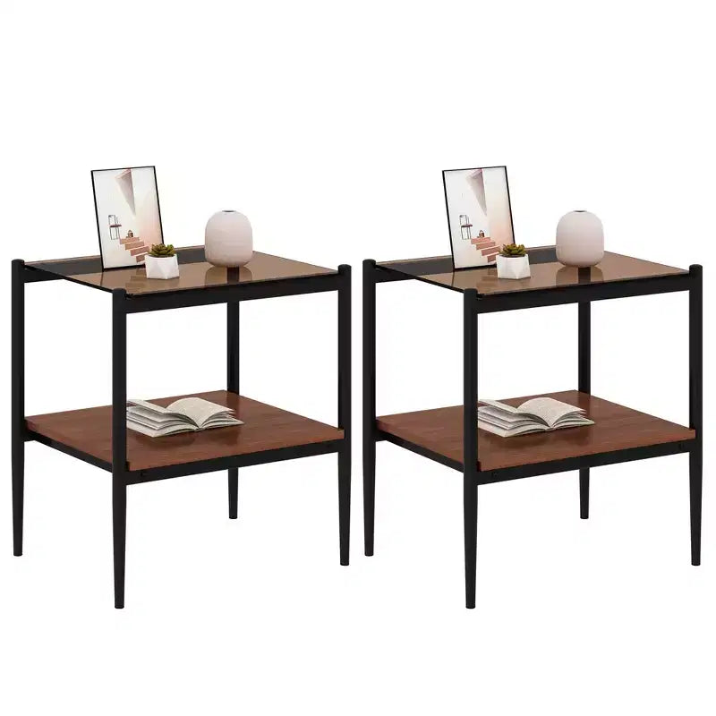 Ensemble de 2 tables d'appoint rectangulaires, plateau en verre trempé avec couche de MDF, verre marron