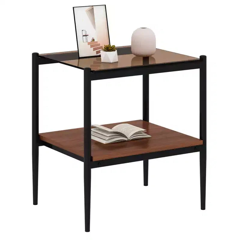 Ensemble de 2 tables d'appoint rectangulaires, plateau en verre trempé avec couche de MDF, verre marron