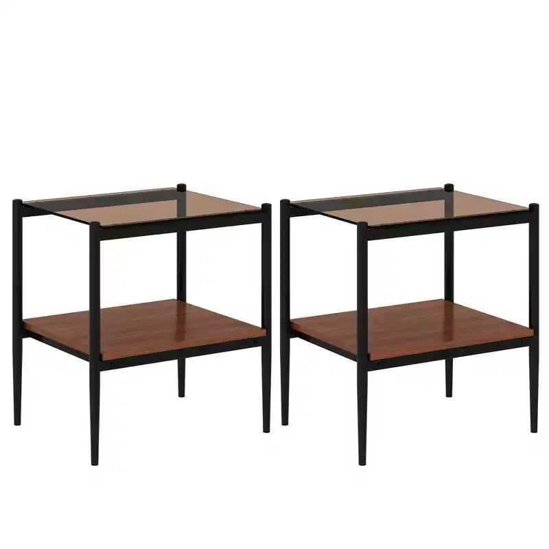 Ensemble de 2 tables d'appoint rectangulaires, plateau en verre trempé avec couche de MDF, verre marron