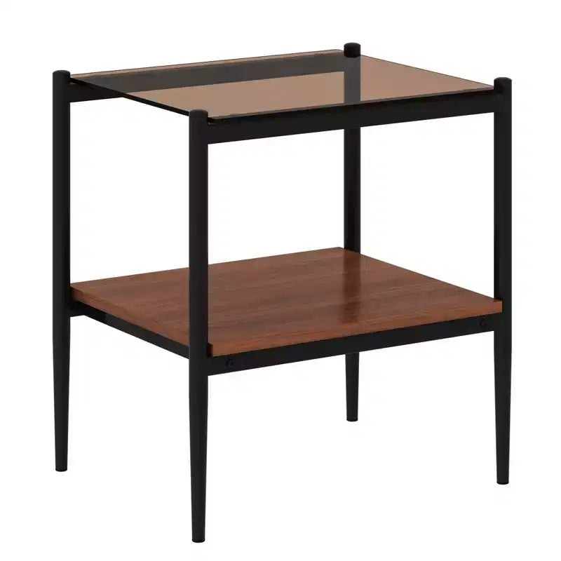Ensemble de 2 tables d'appoint rectangulaires, plateau en verre trempé avec couche de MDF, verre marron