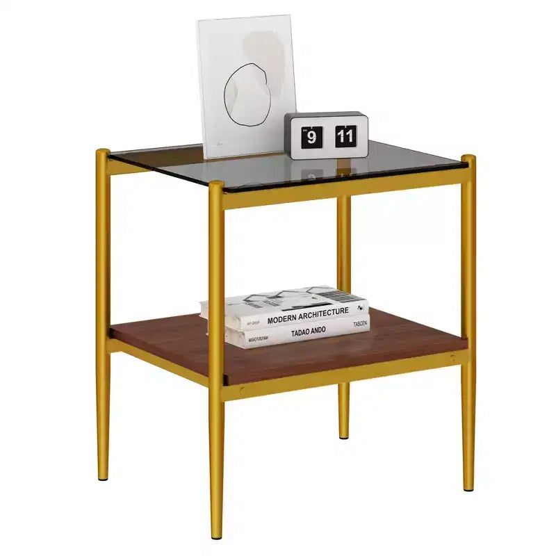 Ensemble de 2 tables d'appoint rectangulaires, plateau en verre trempé avec couche de MDF, verre marron