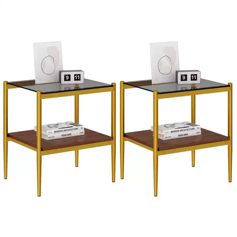Ensemble de 2 tables d'appoint rectangulaires, plateau en verre trempé avec couche de MDF, verre marron