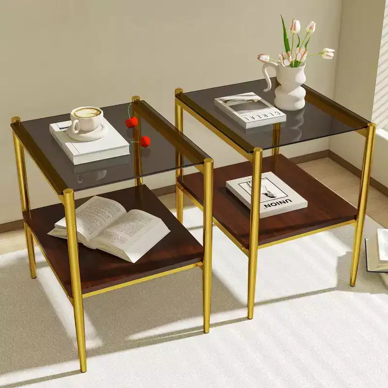 Ensemble de 2 tables d'appoint rectangulaires, plateau en verre trempé avec couche de MDF, verre marron