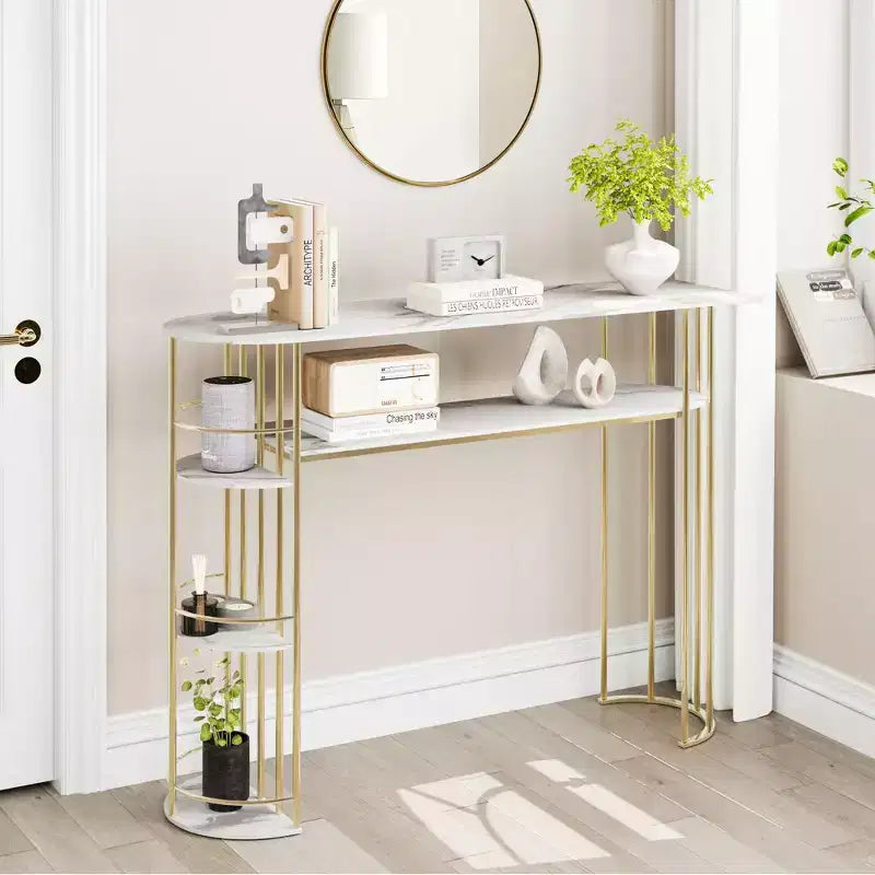 Table console de 43.5, table dorée étroite pour canapé et entrée avec rangement et étagères, table moderne à placer derrière le canapé ou dans le couloir, meuble pour chambre
