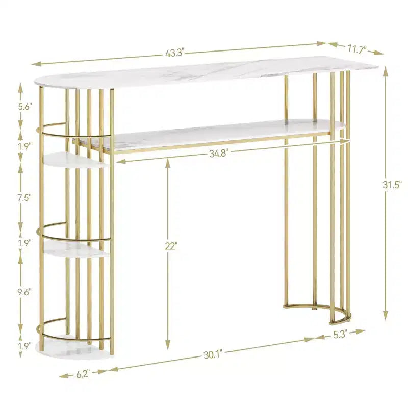 Table console de 43.5, table dorée étroite pour canapé et entrée avec rangement et étagères, table moderne à placer derrière le canapé ou dans le couloir, meuble pour chambre