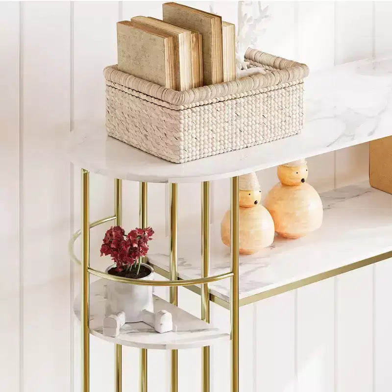 Table console de 43.5, table dorée étroite pour canapé et entrée avec rangement et étagères, table moderne à placer derrière le canapé ou dans le couloir, meuble pour chambre