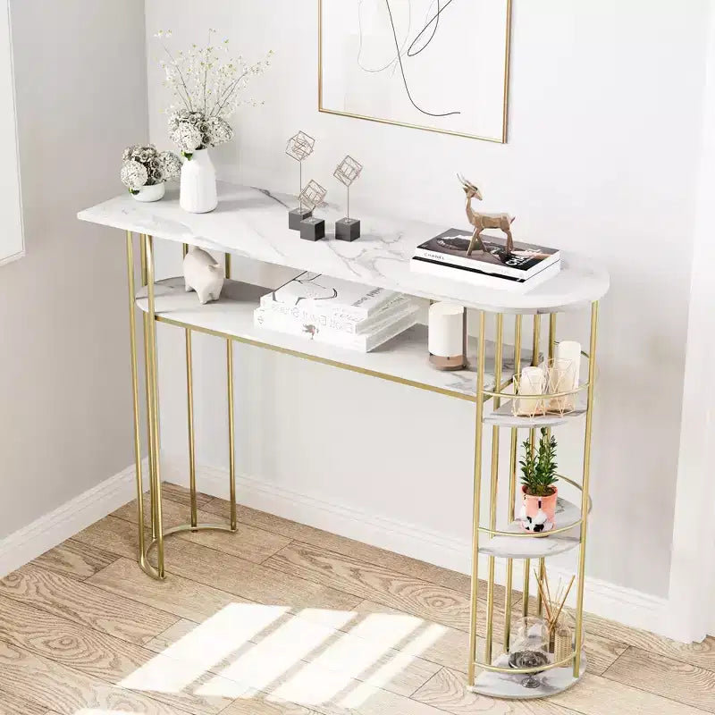 Table console de 43.5, table dorée étroite pour canapé et entrée avec rangement et étagères, table moderne à placer derrière le canapé ou dans le couloir, meuble pour chambre