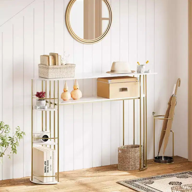 Table console de 43.5, table dorée étroite pour canapé et entrée avec rangement et étagères, table moderne à placer derrière le canapé ou dans le couloir, meuble pour chambre