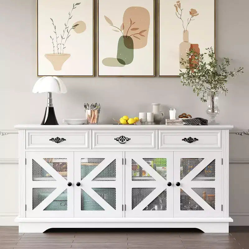 Buffet de 63 avec 3 tiroirs, étagères réglables, station de recharge et 4 portes de grange grillagées, rangement pour bar à café et buffet pour la salle à manger et le salon