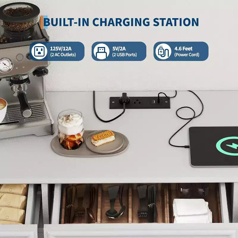Buffet de 63 avec 3 tiroirs, étagères réglables, station de recharge et 4 portes de grange grillagées, rangement pour bar à café et buffet pour la salle à manger et le salon