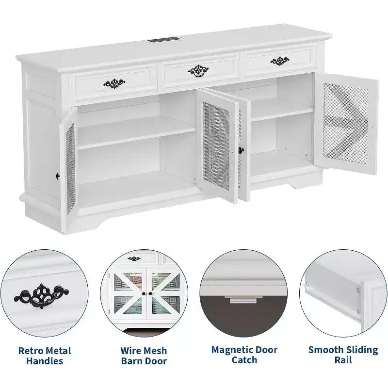 Buffet de 63 avec 3 tiroirs, étagères réglables, station de recharge et 4 portes de grange grillagées, rangement pour bar à café et buffet pour la salle à manger et le salon