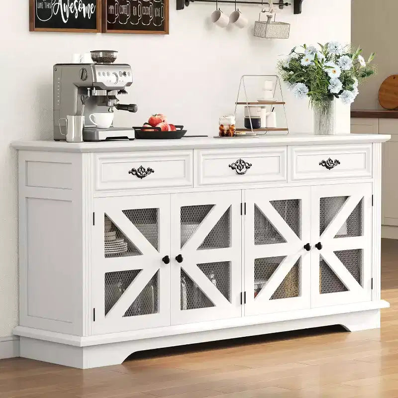 Buffet de 63 avec 3 tiroirs, étagères réglables, station de recharge et 4 portes de grange grillagées, rangement pour bar à café et buffet pour la salle à manger et le salon
