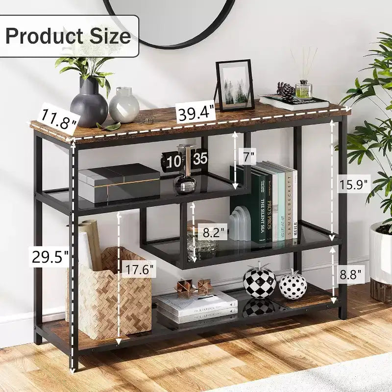 Console, table de canapé étroite à 4 niveaux avec étagère en verre trempé, table industrielle pour couloir, largeur de 39.5'', marron