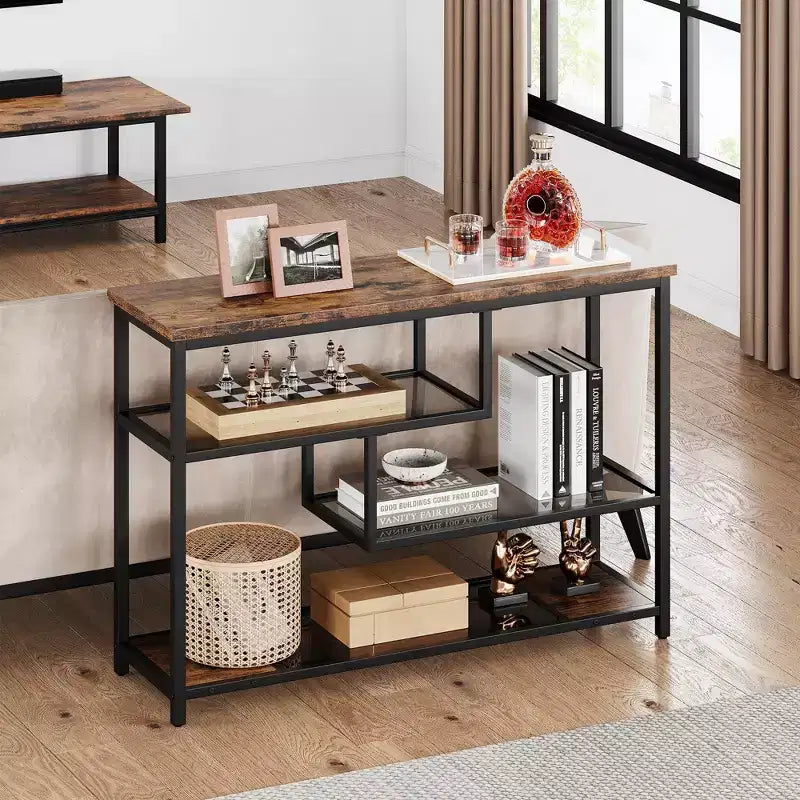 Console, table de canapé étroite à 4 niveaux avec étagère en verre trempé, table industrielle pour couloir, largeur de 39.5'', marron