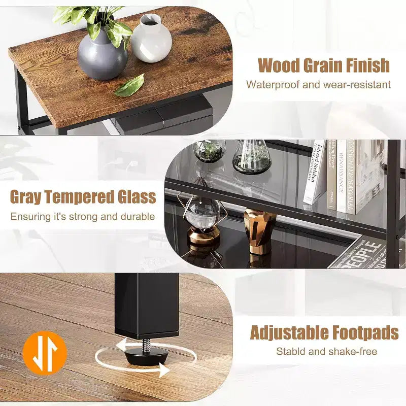 Console, table de canapé étroite à 4 niveaux avec étagère en verre trempé, table industrielle pour couloir, largeur de 39.5'', marron