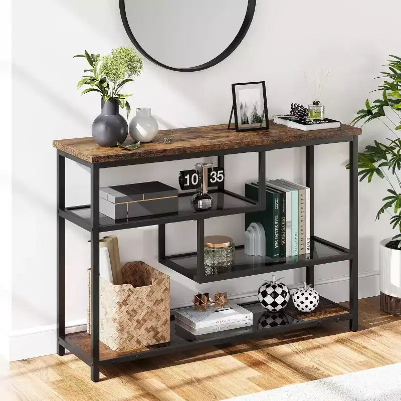 Mesa consola, mesa estrecha para recibidor y sofá de 4 niveles con estante de vidrio templado, mesa industrial para pasillo, 39.5'' W, marrón
