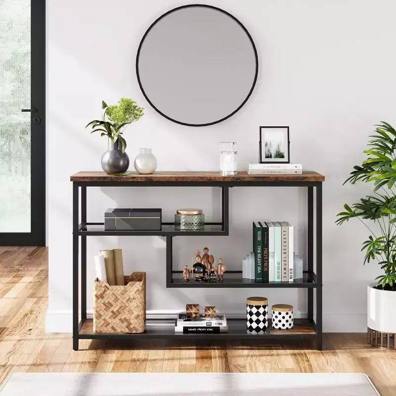 Mesa consola, mesa estrecha para recibidor y sofá de 4 niveles con estante de vidrio templado, mesa industrial para pasillo, 39.5'' W, marrón