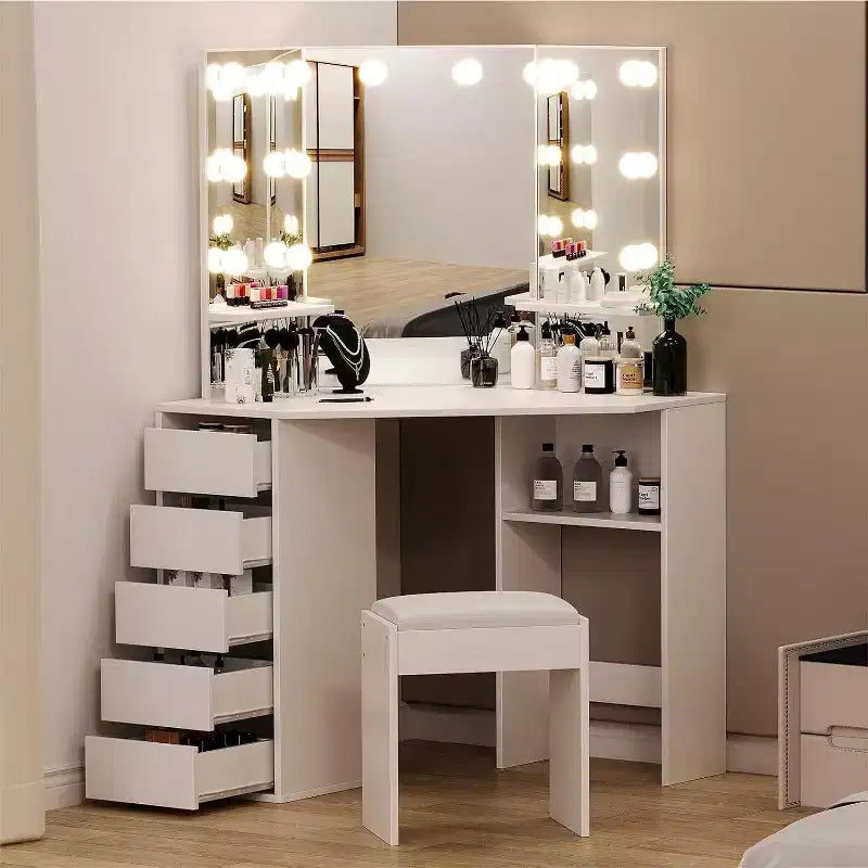 Coiffeuse avec miroir et éclairage, ensemble d’angle avec 3 options d’éclairage, 5 tiroirs, étagères et tabouret rembourré, blanc