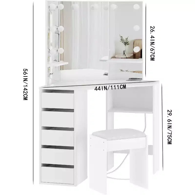 Coiffeuse avec miroir et éclairage, ensemble d’angle avec 3 options d’éclairage, 5 tiroirs, étagères et tabouret rembourré, blanc