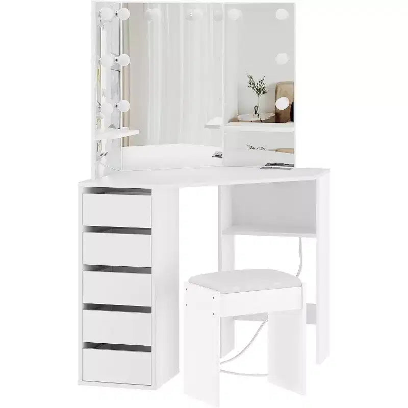 Coiffeuse avec miroir et éclairage, ensemble d’angle avec 3 options d’éclairage, 5 tiroirs, étagères et tabouret rembourré, blanc