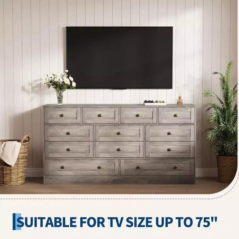 Kommode mit 12 Schubladen fürs Schlafzimmer, 61W Holzkommode mit Metallgriffen, TV-Kommode für Fernseher bis 65, Organizer zur Kleideraufbewahrung