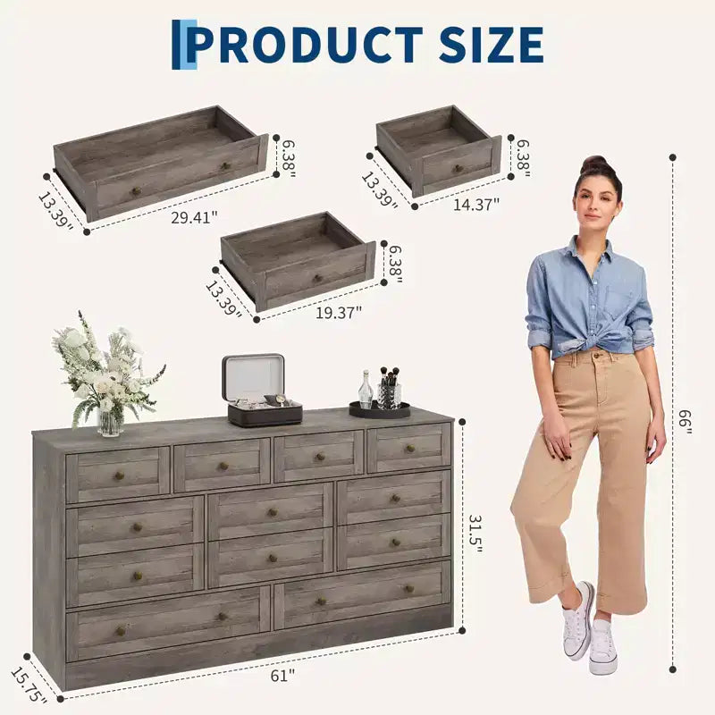 Kommode mit 12 Schubladen fürs Schlafzimmer, 61W Holzkommode mit Metallgriffen, TV-Kommode für Fernseher bis 65, Organizer zur Kleideraufbewahrung
