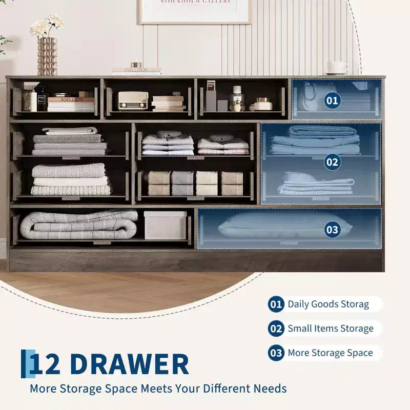 Kommode mit 12 Schubladen fürs Schlafzimmer, 61W Holzkommode mit Metallgriffen, TV-Kommode für Fernseher bis 65, Organizer zur Kleideraufbewahrung
