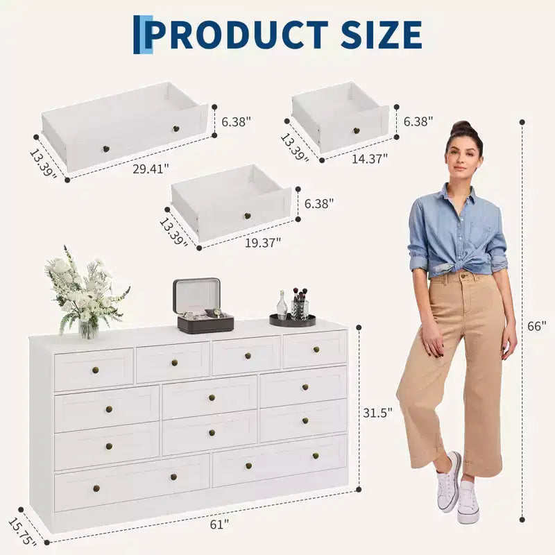 Kommode mit 12 Schubladen fürs Schlafzimmer, 61W Holzkommode mit Metallgriffen, TV-Kommode für Fernseher bis 65, Organizer zur Kleideraufbewahrung