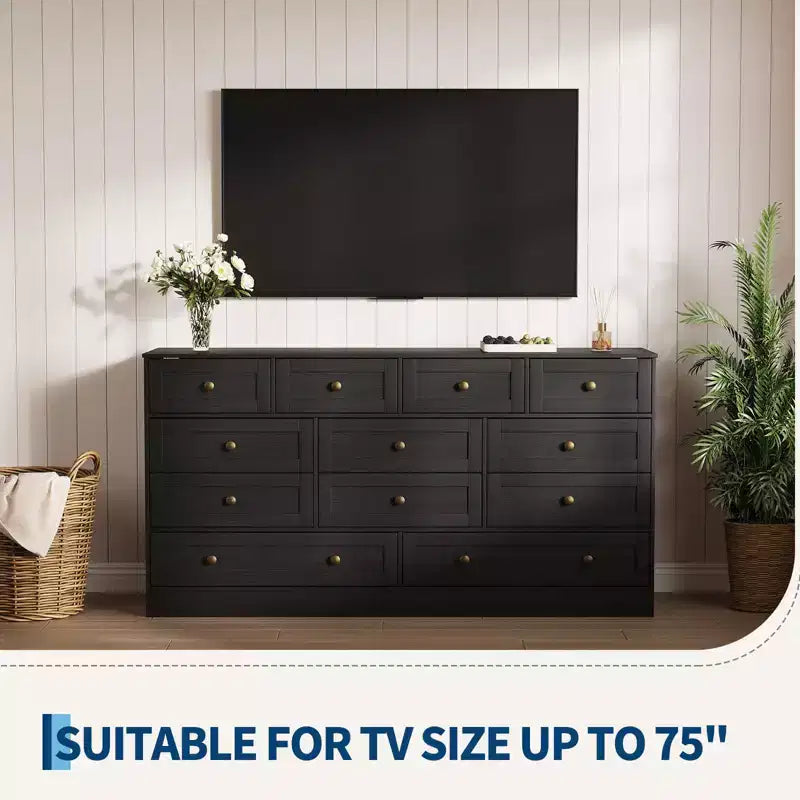 Commode à 12 tiroirs pour chambre, meuble en bois de 61W avec poignées en métal, meuble TV pour téléviseurs jusqu’à 65 pouces, rangement pour vêtements