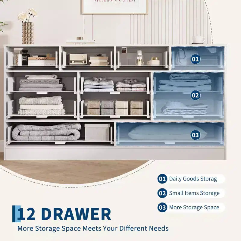Kommode mit 12 Schubladen fürs Schlafzimmer, 61W Holzkommode mit Metallgriffen, TV-Kommode für Fernseher bis 65, Organizer zur Kleideraufbewahrung